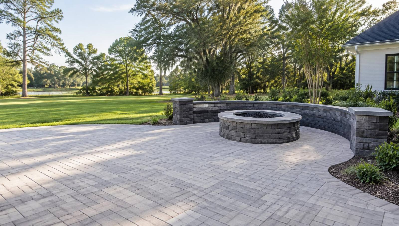 Paver patio with fire pit and sitting wall